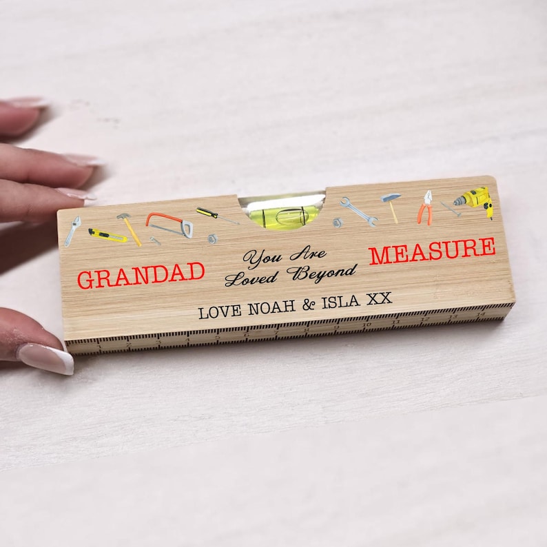 personalised wooden spirit level bottle opener, gift for grandad, fathers day, tool gift for dad