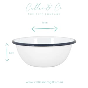May include: A white enamel bowl with a dark blue rim. The bowl is 6 cm high and 16 cm in diameter. The text "Callie & Co The Gift Company" and the website address are visible.