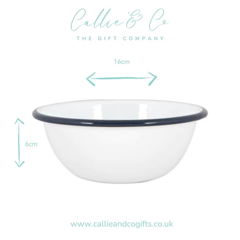 May include: A white enamel bowl with a dark blue rim. The bowl is 6 cm high and 16 cm in diameter. The text "Callie & Co The Gift Company" and the website address are visible.
