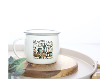 Taza de esmalte personalizada de jardinería: regalo terapéutico de jardinería