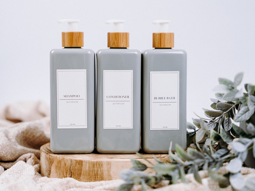 Plastic Refillable Bathroom Bottles With Personalised Labels, Shampoo ...