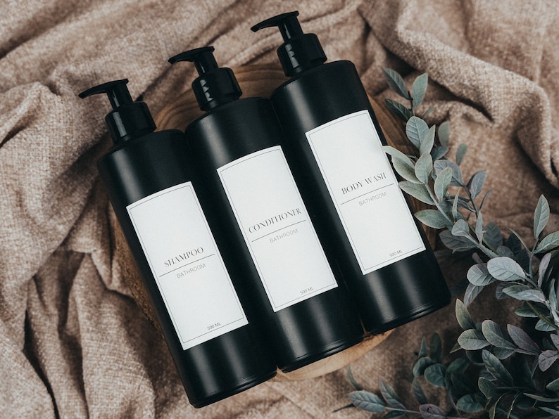 Matt Black Minimal White Label Shampoo and Conditioner Pump bottles, Refillable shampoo bottle, Mrs hinch inspired, Pump refill bottles zdjęcie 2