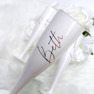 personalised white plastic wedding flutes,