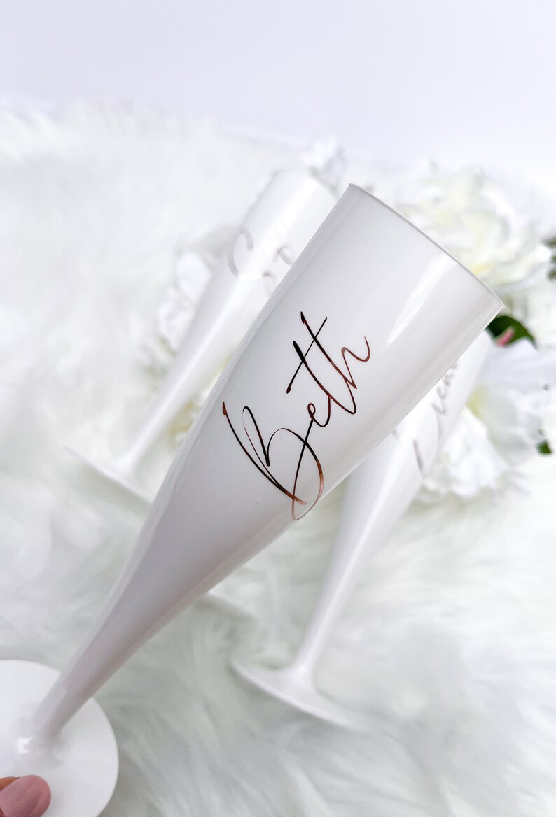 personalised white plastic wedding flutes,