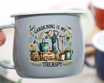 Taza de esmalte con la frase "La jardinería es mi terapia", regalo para jardineros, taza de café para amantes de las plantas.
