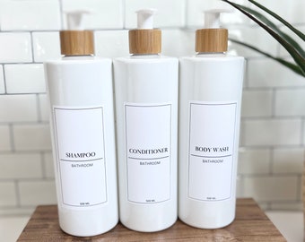 Bambou et blanc, flacons pompes de shampoing et après-shampoing marque blanche minimaliste, flacon pompe de shampoing rechargeable, inspiré de Mme Hinch, flacons pompe de recharge