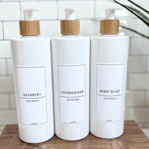 Bamboo & white, Minimal White Label Shampoo and Conditioner Pump bottles, Refillable shampoo bottle, Mrs hinch inspired, Pump refill bottles