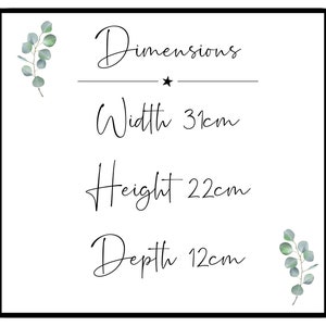 May include: Dimensions of a rectangular object: Width 31 cm, Height 22 cm, Depth 12 cm.