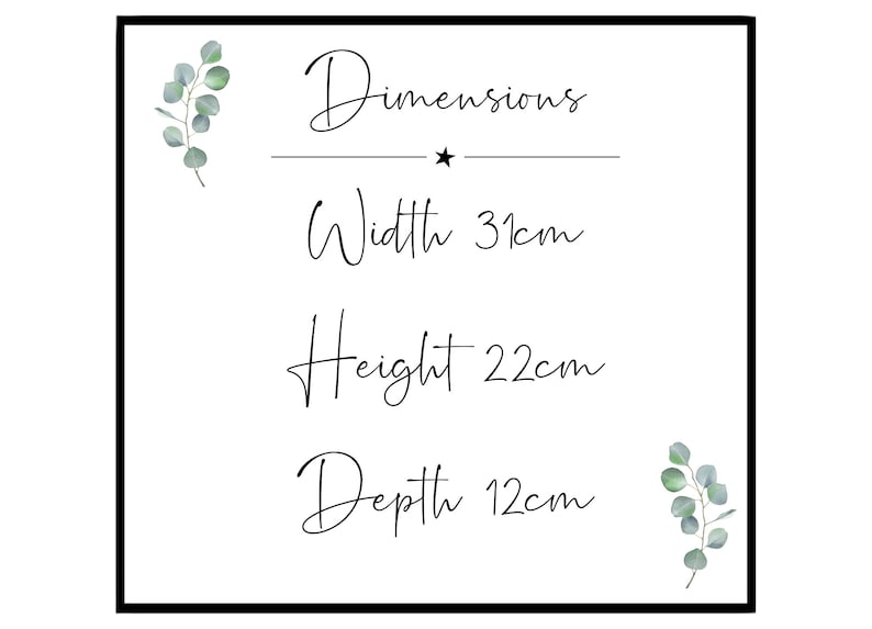 May include: Dimensions of a rectangular object: Width 31 cm, Height 22 cm, Depth 12 cm.