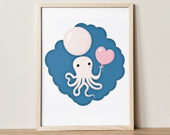 Octopus Holding Balloon Poster Print, Octopus Wall Art Print, Toddler Playroom Decor, Baby Kids Room Decor, Neutral Nursery Print