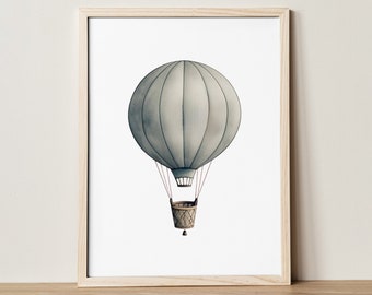 Smokey Green Hot Air Balloon Nursery Wall Art, Digital Wall Art Printable, Toddler Playroom Decor, Baby Kids Room Decor, Neutral Nursery Art