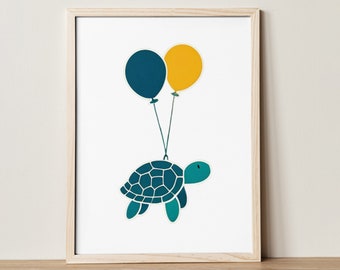 Sea Turtle With Balloon Poster Print, Digital Wall Art Printable, Toddler Playroom Decor, Baby Kids Room Decor, Neutral Nursery Print