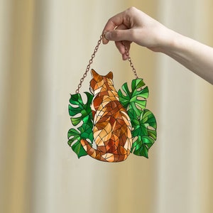 Personalized Cat Window Hanging: Acrylic Monstera Plant Art
