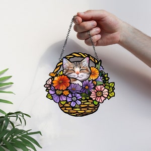 Personalized Cat Suncatcher, Mica Suncatcher Flowers, Flowers Wall Window Hanging Art Decoration, Cat flowers, Gift for her, cat lovers gift