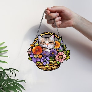 Personalized Cat Suncatcher, Mica Suncatcher Flowers, Flowers Wall Window Hanging Art Decoration, Cat flowers, Gift for her, cat lovers gift