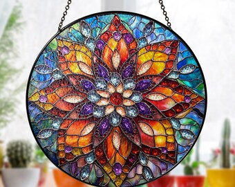 マンダラステンドグラスサンキャッチャー：丸窓飾り - Etsy 日本
