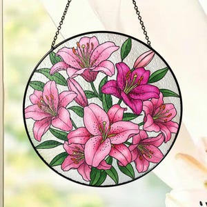 Pink Lily Flowers Stained Glass Suncatcher, Birth Month Flowers Window Decor, Botanical Glass Ornament, Handmade Floral Sun Catcher
