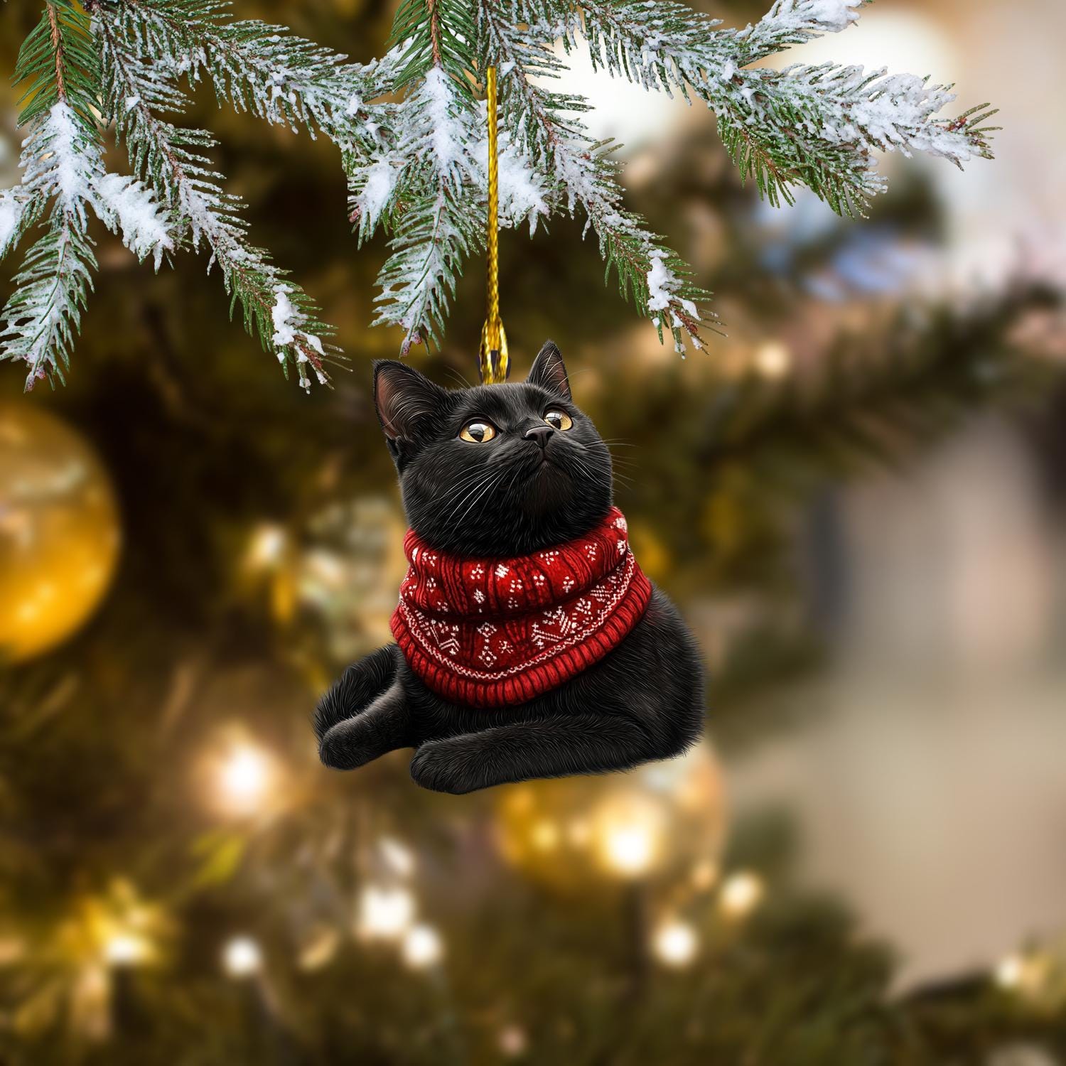 パーソナライズされた黒猫のクリスマスオーナメント：アクリル製