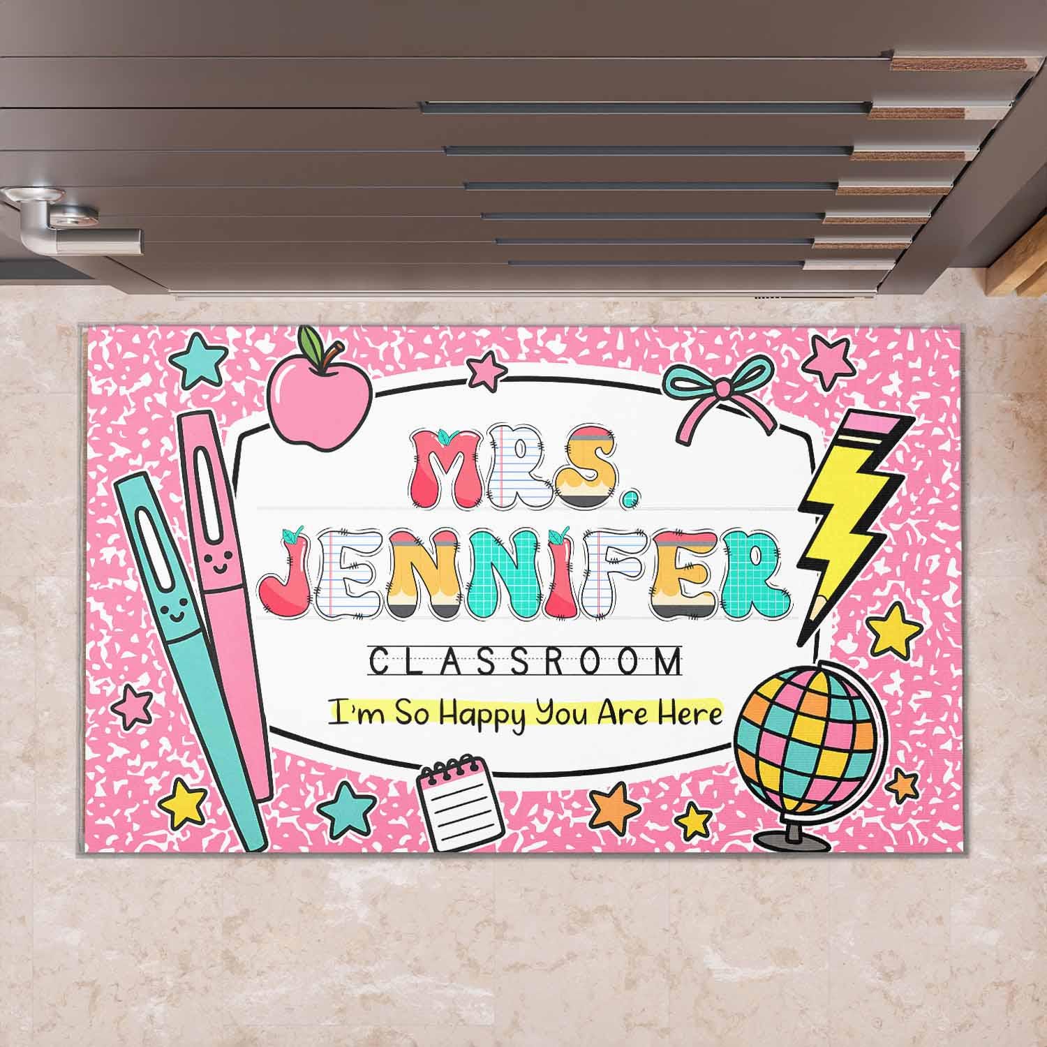Personalized Teacher Classroom Doormat, Teacher Name Welcome Mat, Teacher Appreciation Gift, Composition Notebook Classroom Office Doormat