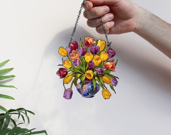 Suncatcher Gele bloemen, Mica Bloemen, Tulp Bloemen Acryl Raam Hangende Kunst Decoratie, Tulp Suncatcher Ornament, Cadeau voor haar, moeder