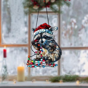 Raccoon Christmas Ornament, Feral Raccoon Acrylic Window Hanging, Funny Christmas Lights Raccoon, Christmas gift, Animal Lover Gift