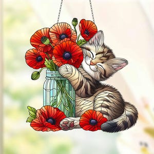 Personalized Suncatcher Tabby cat, Acrylic Suncatcher, Poppy Flowers Wall Window Hanging Art Decoration, cat lovers gift, mom gift