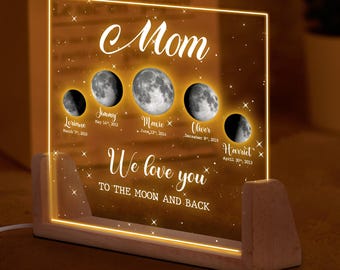 Luz noturna personalizada com fases da lua, presente para a primeira mãe para mamãe, placa de acrílico personalizada com lua, lâmpada LED para lua, lâmpada para gráfico de constelação