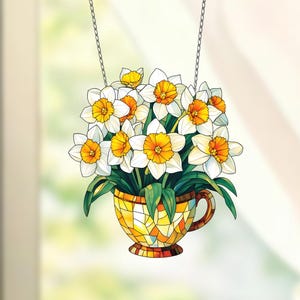 Narzissen-Teetasse-Fensterdekor, gelbe Narzisse Acrylfenster-hängende Kunstdekoration, Geschenk für sie, Muttertag, Hausdekor, Mutter Geschenk