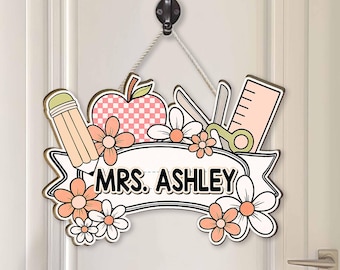 Personalized Teacher Name Sign: Floral Apple Classroom Decor, Chinoiserie Wood Sign
