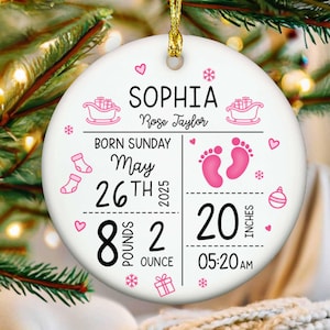Personalized Baby Birth Announcement Ornament, Custom Newborn Stats Keepsake, First Christmas Gift, Baby Shower Present or Nursery Decor