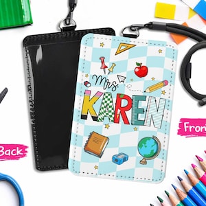 Personalized Teacher ID Badge Holder, Back To School Gift Teacher Leather ID Card Holder,Coquette Lanyard Holder Teacher Lanyard Accessories