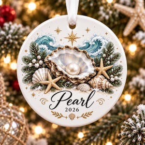 Personalized Pearl Christmas Ornament, Custom Name and Year Seashell Keepsake, Coastal Ocean Lover Gift 2026