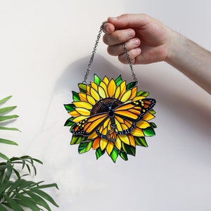Monarch butterfly Window Hanging, Mica Flowers, Sunflowers Acrylic Window Decor Art Decoration,  Butterflies Acrylic, Gift for mom