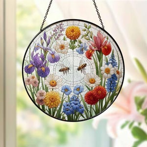 Mother&#39;s Day Gift 2025, Bee Flowers Stained Glass Suncatcher, Birth Month Flowers Window Decor, Botanical Glass Ornament, Flowers Lover Gift