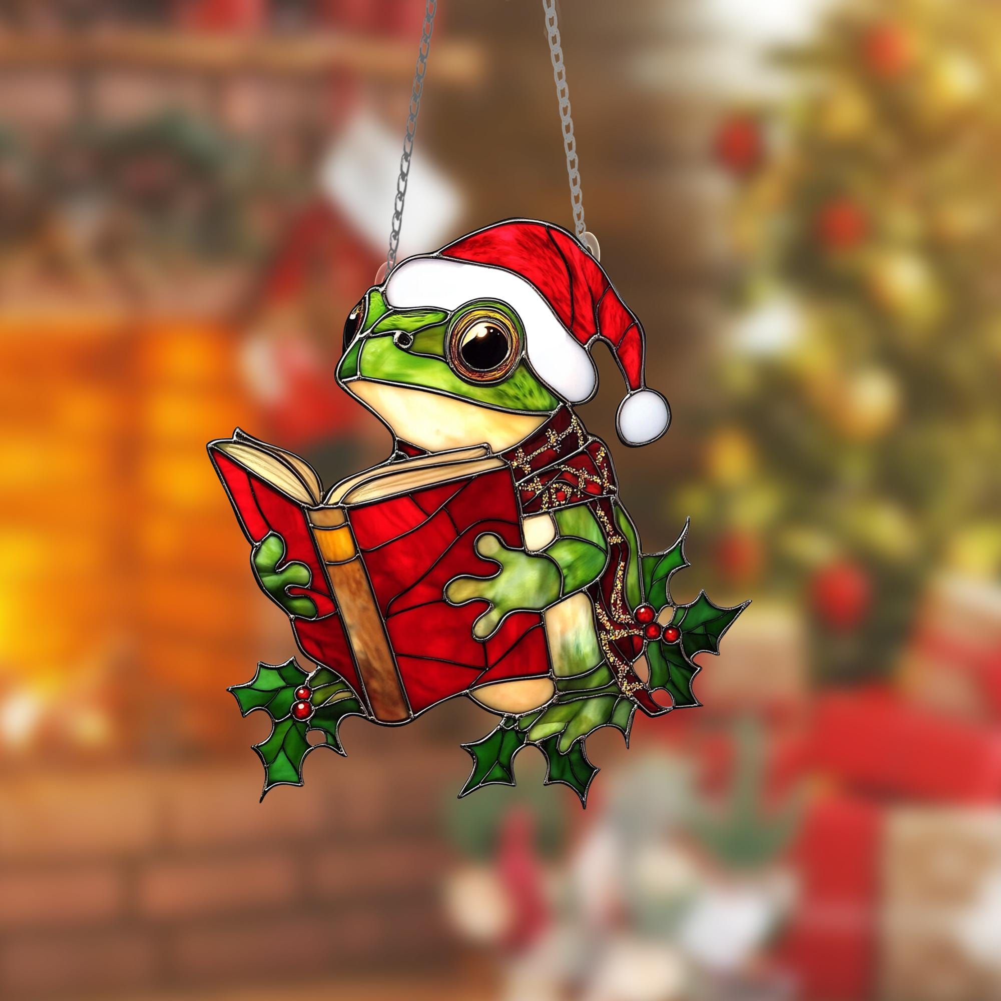 カエルのクリスマスオーナメント：アクリル製窓飾り、カエル好きへの