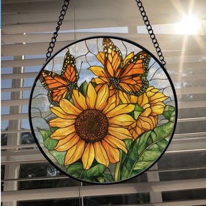 Stained Glass Sunflower Suncatcher, Monarch Butterfly suncatcher, window hangings for garden, Gift for her, House decor