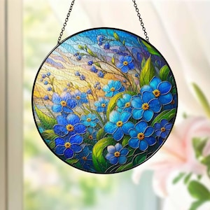 Forget Me Not Stained Glass Suncatcher, Window Hanging Decor, Botanical Glass Ornament, Handmade Floral Sun Catcher, Nature Inspired Art
