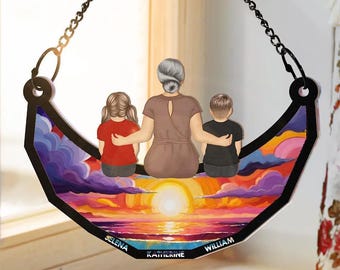 Oma en kleinkinderen op de maan gepersonaliseerd raam hangend ornament ornament, Moederdagcadeau, oma suncatcher, moeder verjaardagscadeaus