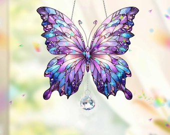 Decoración de ventana con mariposa morada: adorno acrílico de cristal holográfico