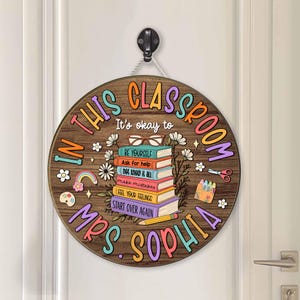 Personalized Teacher Name Sign: Floral Book 3D Wooden Door Hanger