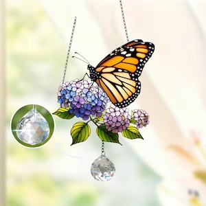 Monarch Butterfly Crystal Window Hanging: Lavender Flowers Acrylic Art