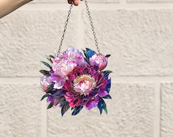 Peonies flowers Window Decor, Flowers Acrylic Window Hanging Art Decoration, Monstera plant Ornament, Gift for her, Mothers day, House decor