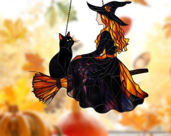 Personalized Witch And Black Cat Acrylic window Decor, We Fly Funny Witch , Ghost home decor, Halloween gift, Bat Gothic, Halloween decor