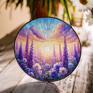 Violet Flower field sunset GLASS Suncatcher Hanging, Birth Month Flower glass, Window hanging, Suncatcher ornament, Gift for her