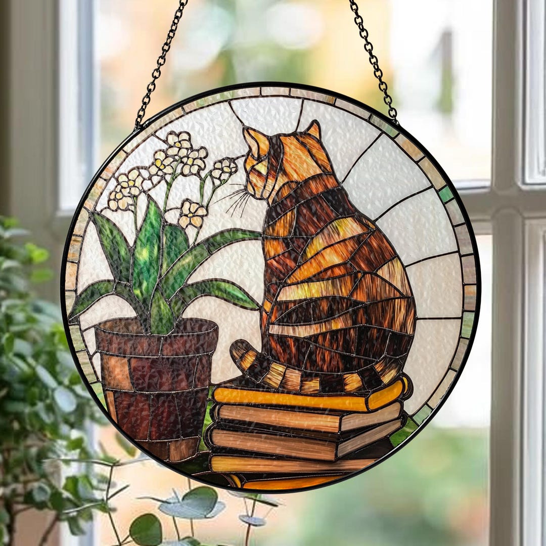 Personalized Cat Stained Glass Suncatcher: Book Lover Window Decor - Etsy