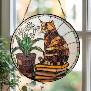 Personalized Cat an Book Stained Glass Suncatcher, Book Window Decor, Book Lover Gift, Bookish Ornament, Cat Lover Gift, Gift for her, mom