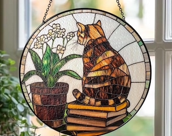 Personalized Cat Stained Glass Suncatcher: Book Lover Window Decor