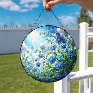 Forget Me Not Stained Glass Suncatcher, Window Hanging Decor, Botanical Glass Ornament, Handmade Floral Sun Catcher, Nature Inspired Art