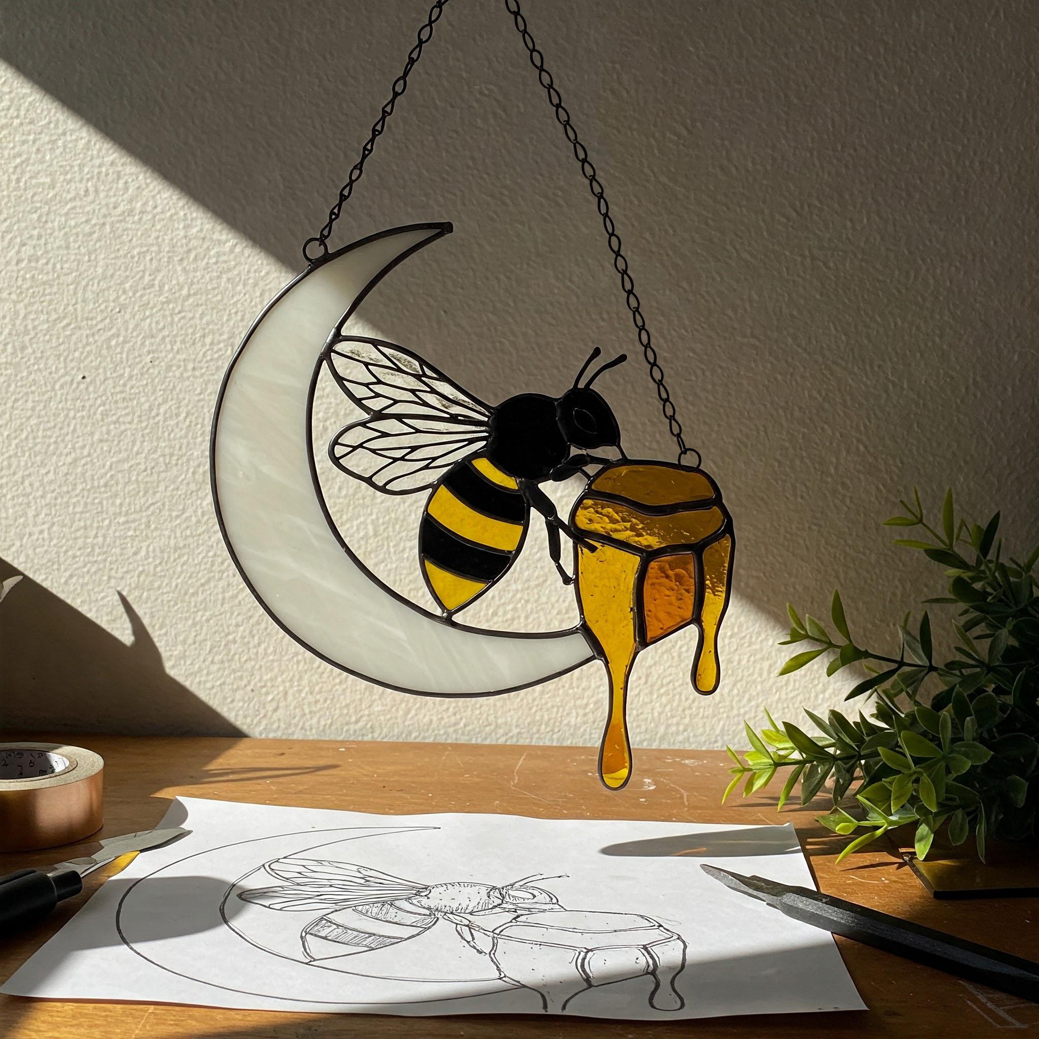 Honeycomb Moon Stained Glass Pattern: Bee Suncatcher DIY (PDF