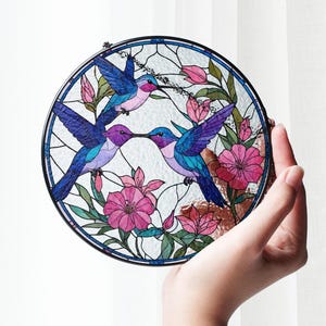 Wild Flowers Stained Glass, Humming Bird Stained Glass Suncatcher, window hangings for garden, Gift for her, House decor, Bird Lovers Gift